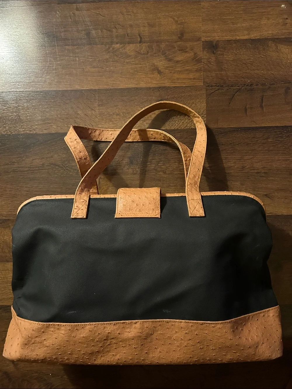 Men's Black Tote Bag with Tan Trim. Length 19 inches. Height 13 inches.